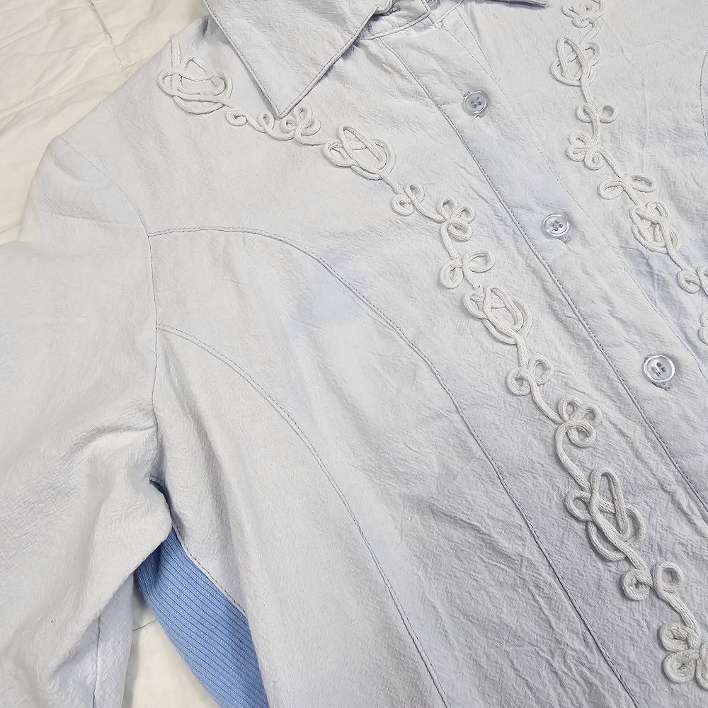 Reba Blue Denim Embroidered‎ Button Down Collar Long Sleeve Top Women's Size S - Picture 6 of 12
